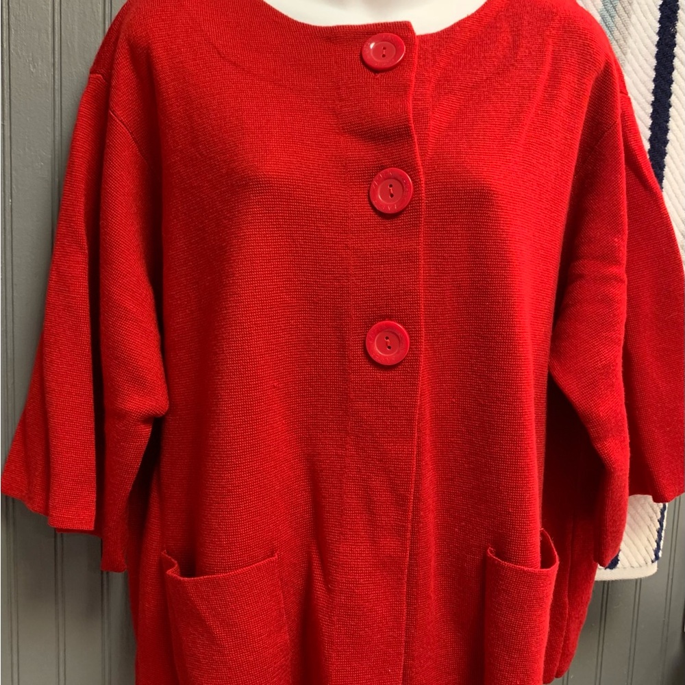 Kasper Woman Vibrant Red Knit 3/4 Sleeve Cardigan Jacket Plus Size 1X EUC - Picture 2 of 7